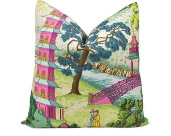Manuel Canovas - Pagoda - Rose -  Bold Vibrant China Garden Designer Fabric Cushion Cover - Pink Green Chinese Tree Eclectic Boho Pillow