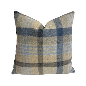 Abraham Moon - Melbourne - Silver / Denim -  100% Wool Cushion Cover - Designer Plaid Pillow Cover - Handmade Custom Abraham Moon Pillow