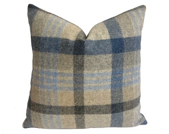 Abraham Moon - Melbourne - Silver / Denim -  100% Wool Cushion Cover - Designer Plaid Pillow Cover - Handmade Custom Abraham Moon Pillow