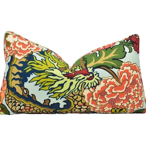 Schumacher - Chiang Mai Indoor / Outdoor - Aquamarine - Art Deco Colourful Designer Cushion Cover - Blue Green Red Chic Japanese Floral