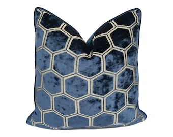 Designers Guild - Manipur - Midnight - Luxury Hexagonal Geometric Velvet Cushion Cover - Handmade Throw Pillow - Designer Home Décor