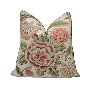 Anna French x Thibaut - Cleo - Red / Gold on Flax - 1920&#39;s Exotic Stylized Blooming Floral Designer Cushion Cover - Luxury Throw Pillow