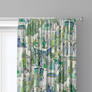 May include: White curtain panel with a repeating pattern of green trees, blue umbrellas, and people in green and blue clothing. The pattern is reminiscent of an Indian miniature painting.