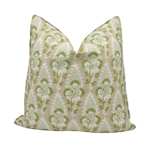 Anna French x Thibaut - Cornwall - Green and Beige - Beautiful Botanical Paisley Designer Cushion Cover - French Block Print Floral Pillow