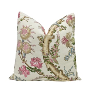 Thibaut - Chatelain - Rosa - Designer Französischer Jacobean Kissenbezug - Creme Blush Grün Preppy Chic Baum des Lebens Handgefertigtes Kissen