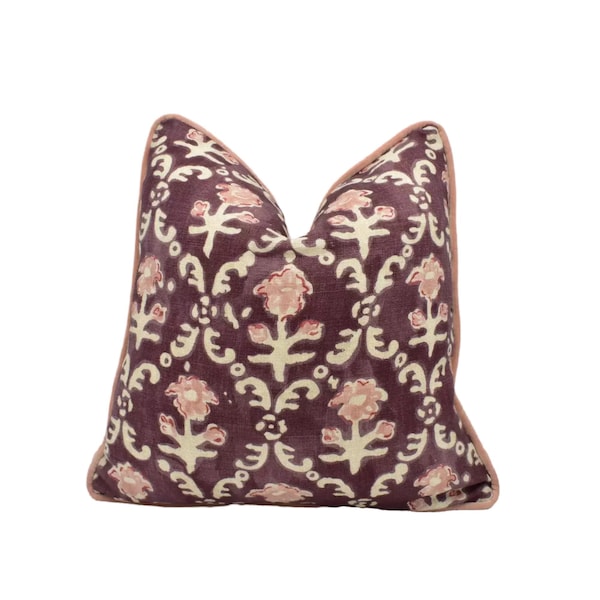 Linwood - Hinako - Prune - Asian Folk Art Inspired Cushion Cover - Floral Calm Japandi Print Throw Pillow