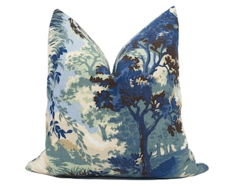 Thibaut - Lincoln Toile - Navy and Teal - Soft Muted Romantic Countryside Designer Cushion Cover - Luxury Throw Pillow - Handmade Home Décor