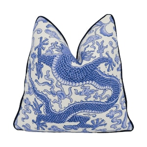 Scalamandre - Chi'en Dragon Linen Print - Indigo - Mythical Chinese Dragon Designer Cushion Cover Handmade Throw Pillow Luxury Home Decor