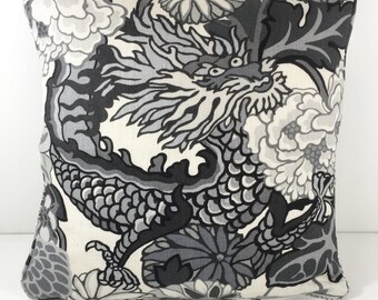 Schumacher - Chiang Mai Dragon - Smoke - Art Deco Chinoiserie Designer Cushion Cover - Handmade Throw Pillow Luxury Home Decor