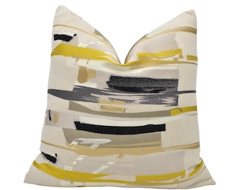 Harlequin - Zeal - Charcoal / Neutral / Mustard - Abstract Embroidered Designer Cushion Cover - Metallic Brushstroke Pillow Cover - Gold
