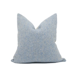 May include: A blue and white patterned throw pillow with a herringbone design.