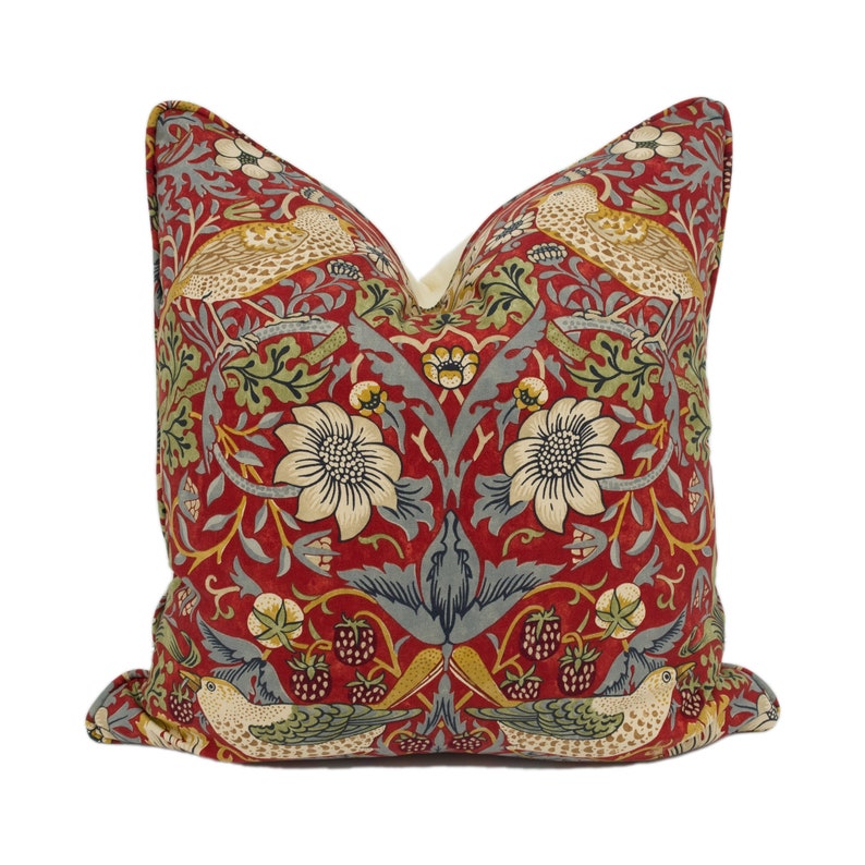 William Morris Strawberry Thief Crimson / Slate Self Piped Cushion Cover Throw Pillow Designer Home Decor image 1