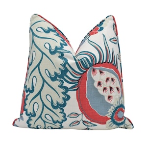 Christopher Farr x Michael Szell - Carnival - Coral - Bold Statement Pomegranate Floral Designer Cushion Cover White Teal Exotic Pillow