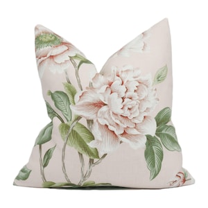 Colefax and Fowler - Giselle - Shell Pink - Spectacular Floral Botanical Designer Cushion Cover - Preppy Pink Peony Linen Flower Pillow