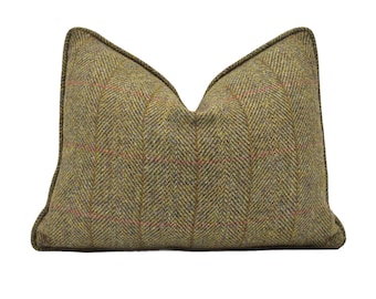Harris Tweed - Muir / Iain - Olive / Green / Mustard  - Classic Cosy Wool Cushion Cover - Traditional English Green Woollen Pillow - Piped