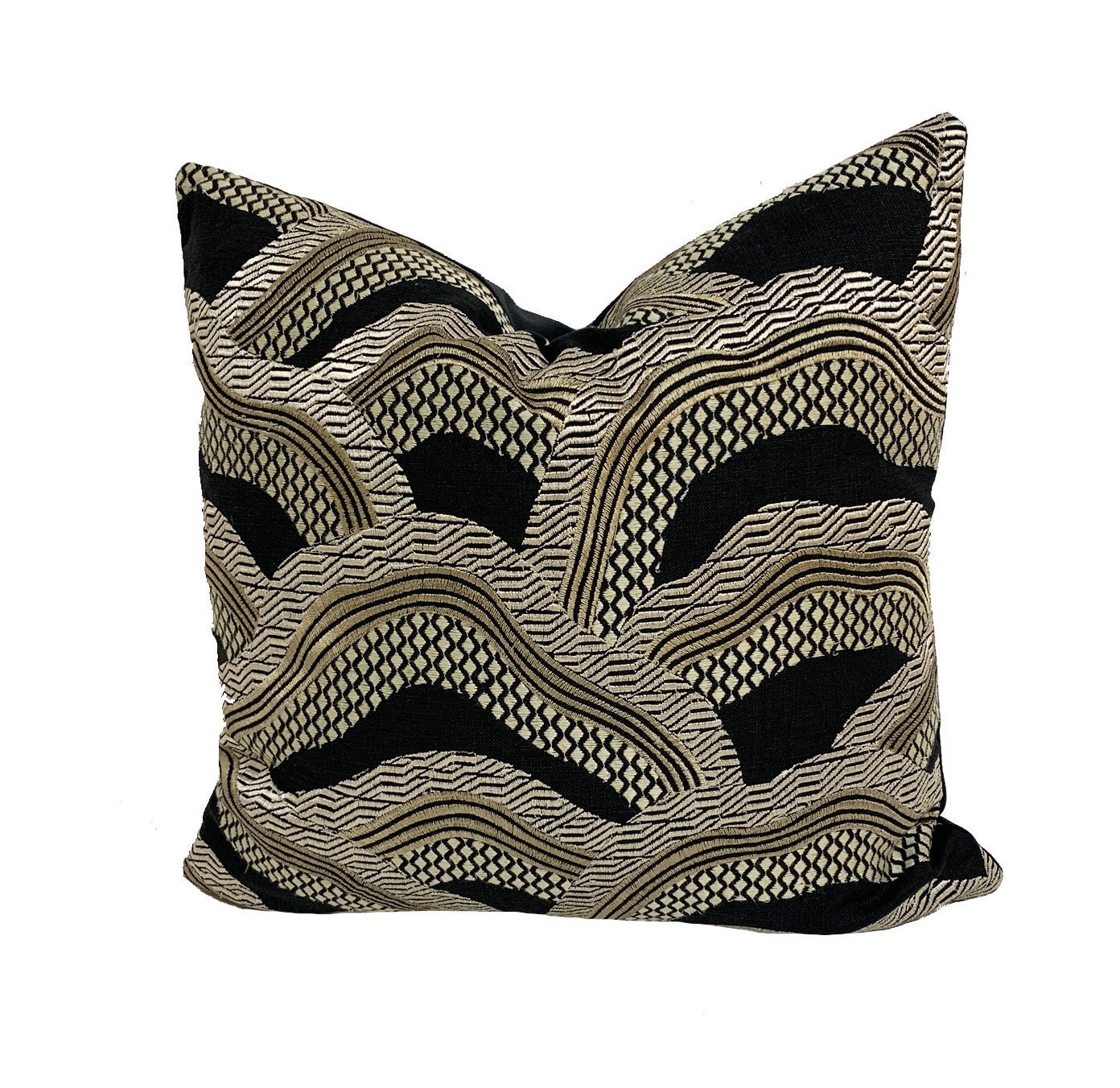 Brunschwig & Fils - Les Rizieres - Black / Gold - Luxurious Metallic Embroidered Designer Cushion Cover - Luxury Throw Pillow - Handmade
