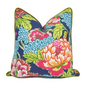 Thibaut - Honshu - Navy - Bold Large Scale Exotic Floral Cushion Cover - Blue Vibrant Japanese Flora Custom Green Botanical Piped Pillow