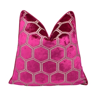 Designers Guild - Manipur - Fuchsia - Stylish Hexagonal Geometric Cut Velvet Designer Cushion Cover - Luxury Throw Pillow - Handmade Home