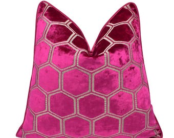 Designers Guild - Manipur - Fuchsia - Stylish Hexagonal Geometric Cut Velvet Designer Cushion Cover - Luxury Throw Pillow - Handmade Home
