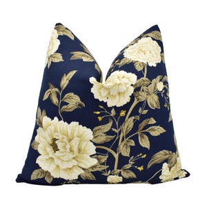 Sanderson - Peony Tree - Midnight Blue / Primrose - Heritage Floral Linen – English Country House Decor Classic Botanical Style Throw Pillow image 1