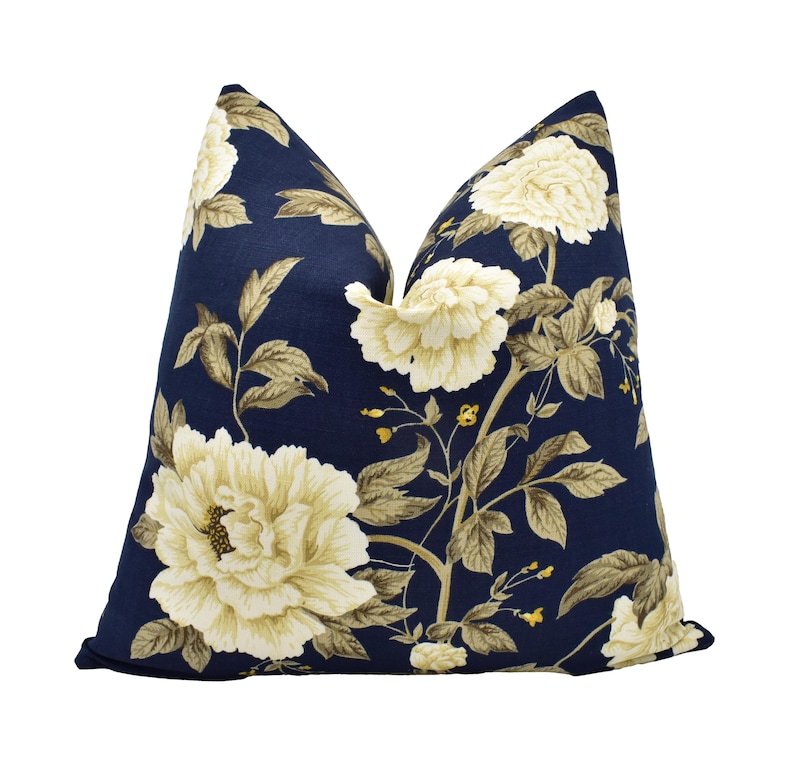 Sanderson - Peony Tree - Midnight Blue / Primrose - Heritage Floral Linen – English Country House Decor Classic Botanical Style Throw Pillow image 1