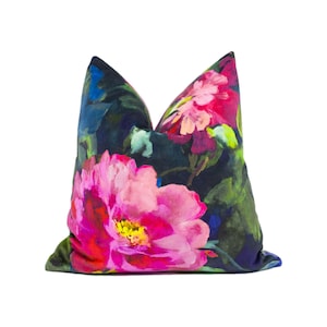 Designers Guild - Gertrude Rose - Fuchsia - Large Scale Painterly Floral Velvet Cushion Cover - Vibrant Plush Cotton Velvet Pink Rose Pillow