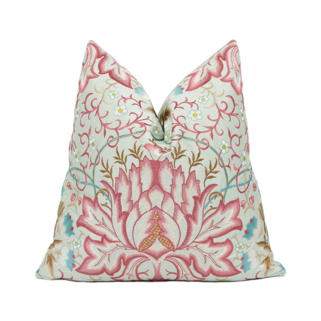 William Morris Artichoke Embroidery Aqua / Coral Opulent English Floral Cushion Cover Handmade