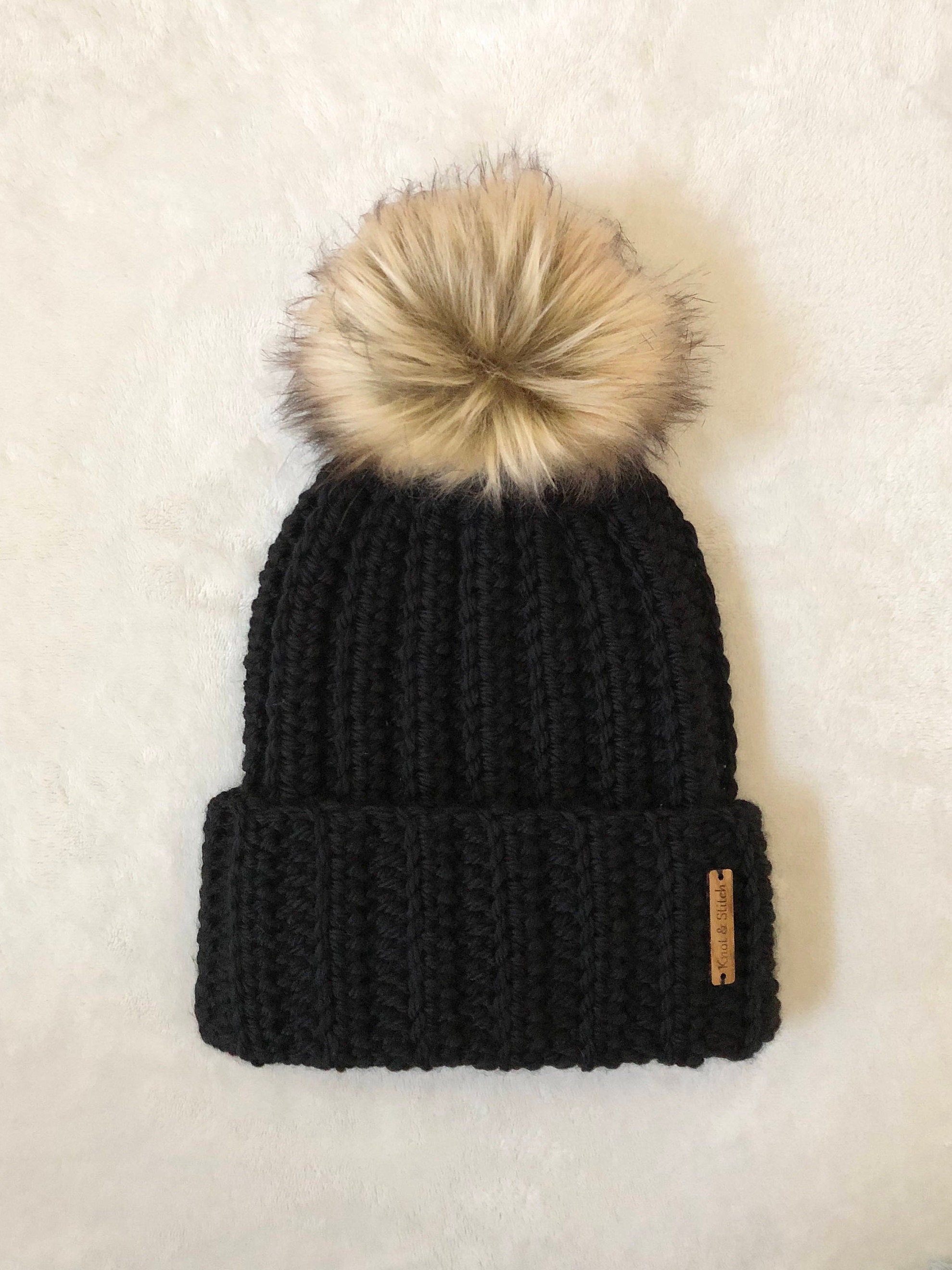 The Jessie Beanie with Faux Fur Pom Pom Black Adult Size Ready to Ship — Knot & Stitch (Copy)