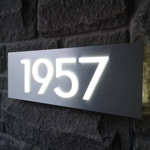 Custom LED House Numbers Sign - 3D, Horizontal, 5&quot; Numbers, Black Numbers on Metallic Silver, Automatic Dusk to Dawn Sensor, 12VDC