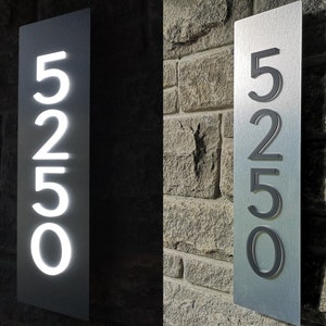 Bespoke Custom LED House Number Sign - Vertical, 4" Numbers, Black Numbers on Metallic Silver, Dusk to Dawn, 3D, Commercial Grade