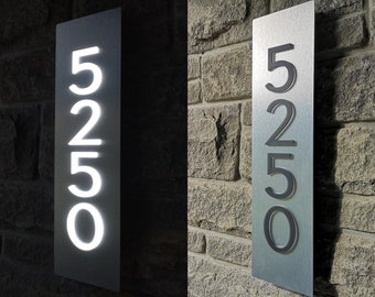 Bespoke Custom LED House Number Sign - Vertical, 4" Numbers, Black Numbers on Metallic Silver, Dusk to Dawn, 3D, Commercial Grade