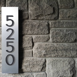 Bespoke Custom LED House Number Sign Vertical, 4 Numbers, Black Numbers on Metallic Silver, Dusk to Dawn, 3D, Commercial Grade image 3