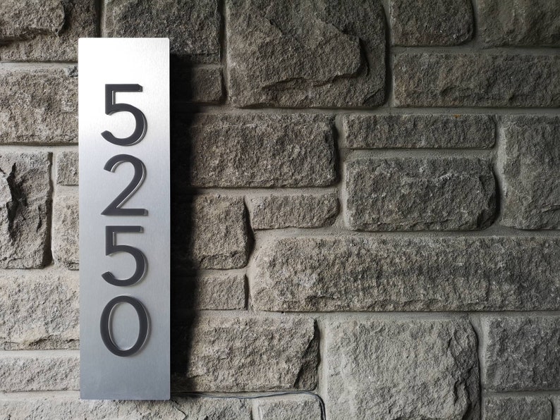 Bespoke Custom LED House Number Sign Vertical, 4 Numbers, Black Numbers on Metallic Silver, Dusk to Dawn, 3D, Commercial Grade image 3