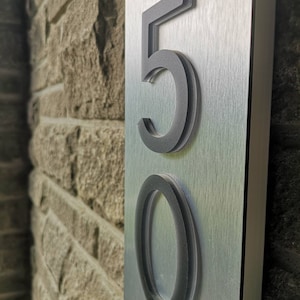 Bespoke Custom LED House Number Sign Vertical, 4 Numbers, Black Numbers on Metallic Silver, Dusk to Dawn, 3D, Commercial Grade image 4