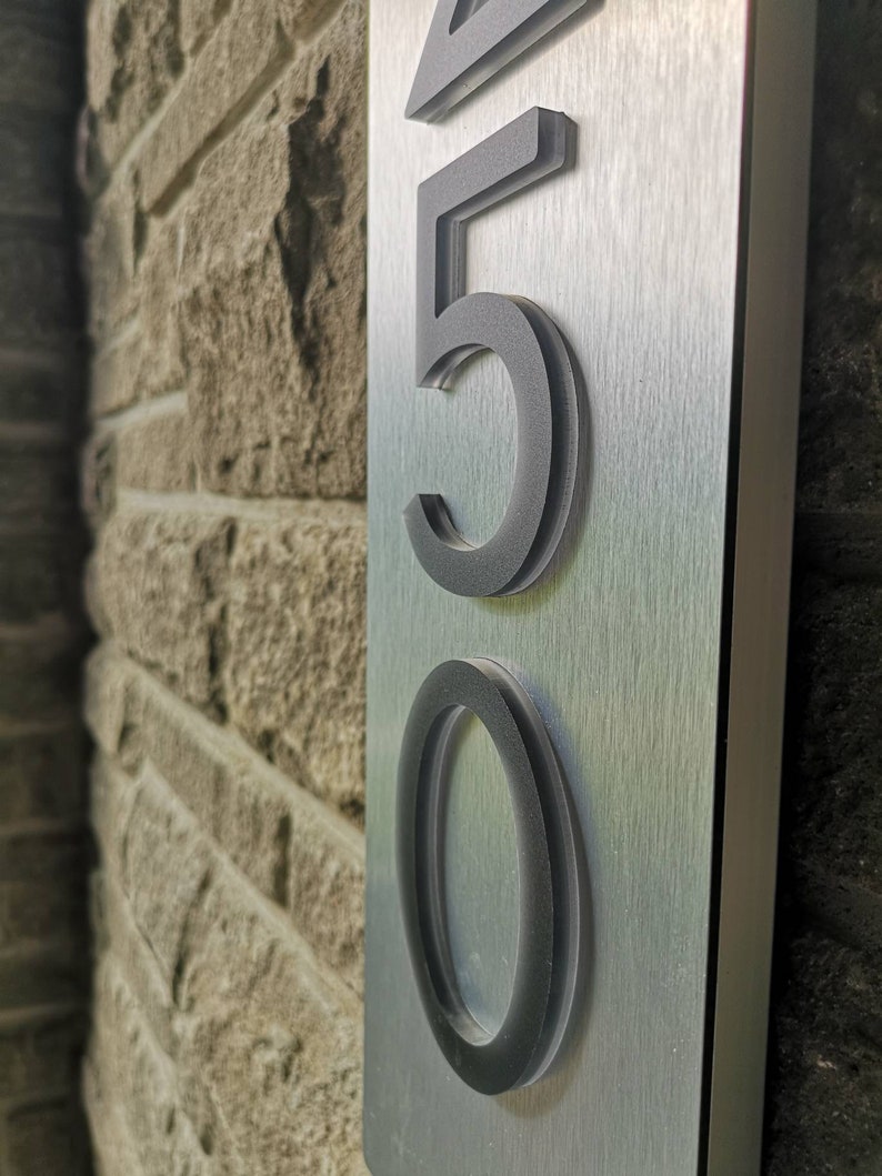 Bespoke Custom LED House Number Sign Vertical, 4 Numbers, Black Numbers on Metallic Silver, Dusk to Dawn, 3D, Commercial Grade image 4