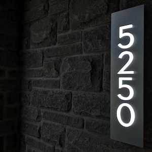 Bespoke Custom LED House Number Sign Vertical, 4 Numbers, Black Numbers on Metallic Silver, Dusk to Dawn, 3D, Commercial Grade image 2