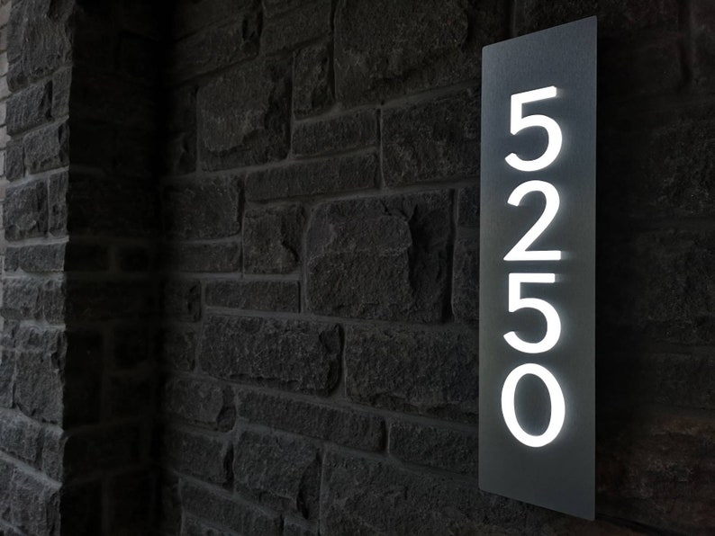 Bespoke Custom LED House Number Sign Vertical, 4 Numbers, Black Numbers on Metallic Silver, Dusk to Dawn, 3D, Commercial Grade image 2