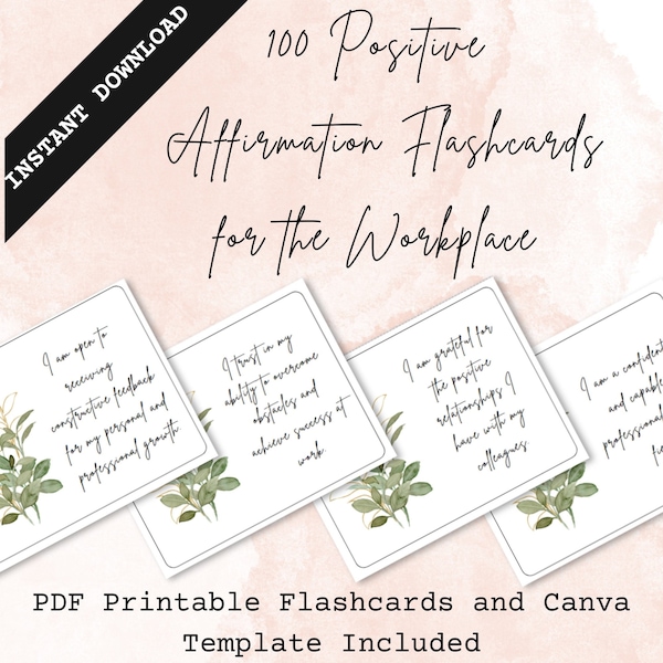 100 Affirmation Flashcards for the Workplace | Printable PDF | Canva Template | Short Positive Affirmations to Read Before Work