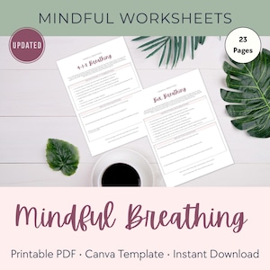 Mindful Breathing Worksheets | 18 Printable Breathing Exercises + Tracker + Reflections | Mindfulness Worksheets PDF + Canva Template