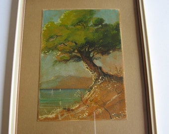 vintage original framed painting, tree by the sea signed