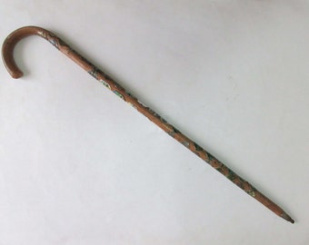 antique walking hiking yard stick with 33 badges
