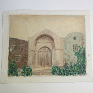 vintage original acrylic painting, village in Greece, signed