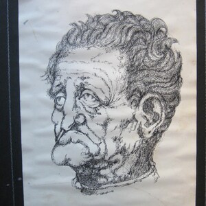 vintage original pen drawing, man&#39;s portrait caricature signed