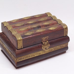vintage hand made wooden box, jewelry case with bronze ornaments