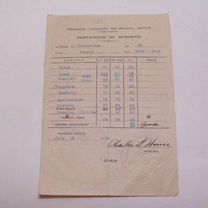 1918-1919 American Farm School of Thessaloniki certificate of standing