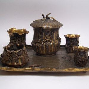 antique victorian gold plated copper decorative tray, full set