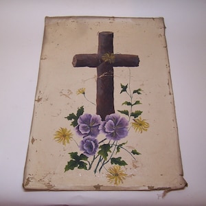 antique original oil painting, cross and flowers