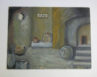 vintage original peinture acrylique, intérieur, le monastère ou cave