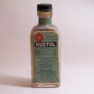 vintage pharmaceutical Kustol bactericide by Cooper, full and sealed bottle, made in Greece