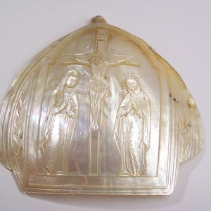 antique engraved hand carved mother of pearl shell Jesus Christ on the cross
